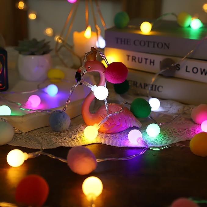 ChiRee 9.85FT String Lights with 20 Cute Pompoms 20 Colorful Ball LED Indoor String Lights Battery Operated with Timer for Home Bedroom Kids Playhouse Birthday Wedding Party Holiday Christmas