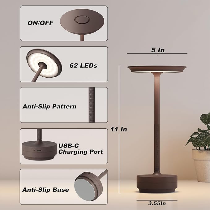 TBBGA 1 Pack Rechargeable Table Lamps Cordless, Portable 5000mAh Outdoor Table Light, 3 Color Stepless Dimming LED Table Lamp with Memory Function, for Home/Dinner/Patio/Restaurant.(Rust)