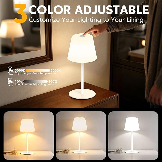 NEEZUKAR Cordless Table Lamp for Bedroom,Rechargeable IP65 Waterproof Shower Lamp with 4000mAh Battery, Touch Dimmable LED Desk Light for Bathroom,Kitchen,Outdoor Patio (White)