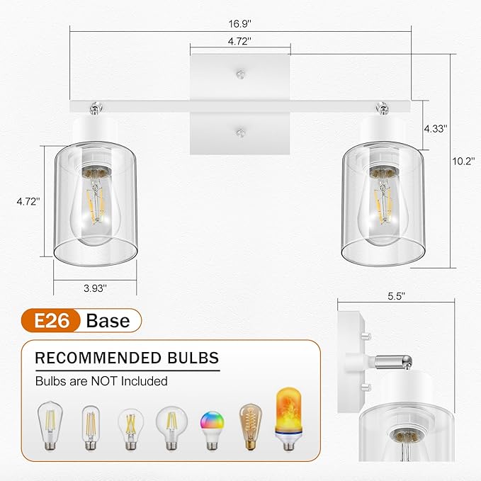 BoostArea White LED 2 Light Track Lighting Kit, 2 Way Ceiling Spot Lighting with Glass Lampshade, Flexibly Rotatable Light Head for Kitchen, Living Room, Bedroom, Bulb Not Included