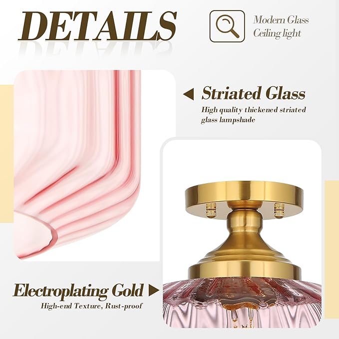 11.8in Semi Flush Mount Ceiling Light Fixture, Vintage Striated Glass Kitchen Lighting Fixtures Ceiling Mount for Entryway Hallway Bedroom Dining Room Bathroom Foyer Laundry (Pink)