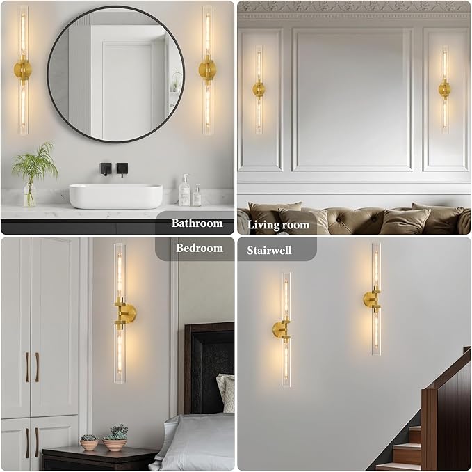 Knurled Brass Tube Wall Sconce - Set of 2 Luxury Modern Dimmable Sconces with Bulbs - Gold Glass Vanity Light Fixture - Vertical or Horizontal Mounted Indoor Lighting for Bathroom Bedroom Living Room