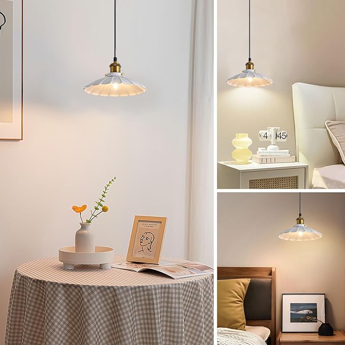 Plug in Pendant Light Industrial 9.8 Inch White Lampshade Kitchen Island On/Off Switch Hanging Lamp Plug in Adjustable 14Ft Cord Hanging Lights for Bedroom and Living Room