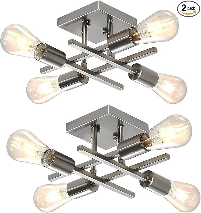 2 Pack 4-Light Semi Flush Mount Ceiling Light, Modern Brushed Nickel Close to Ceiling Light Fixtures, Easy Assembled, House Indoor Ceiling Lights for Bedroom Living Room