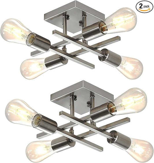 2 Pack 4-Light Semi Flush Mount Ceiling Light, Modern Brushed Nickel Close to Ceiling Light Fixtures, Easy Assembled, House Indoor Ceiling Lights for Bedroom Living Room