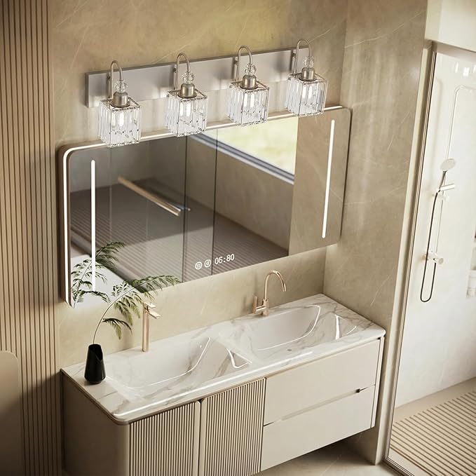 Ralbay Crystal Brushed Nickel Vanity Light for Bathroom 4-Light Modern Bathroom Light Fixtures