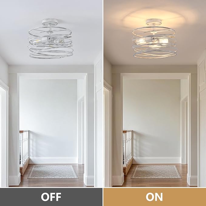 White 3-Light Rustic Drum Semi Flush Ceiling Light Fixture, Retro Farmhouse Chandeliers Metal Cage for Dining Room, Industrial Pendant Light Fixture for Entryway Kitchen Foyer Bedroom