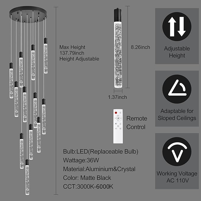 12-Light 137.79'' High Ceiling Chandeliers Modern Crystal Chandeliers for Entryway Long Spiral LED Dimmable Chandelier Flush Mount Ceiling Staircase Foyer Living Room Ceilings Light Fixture