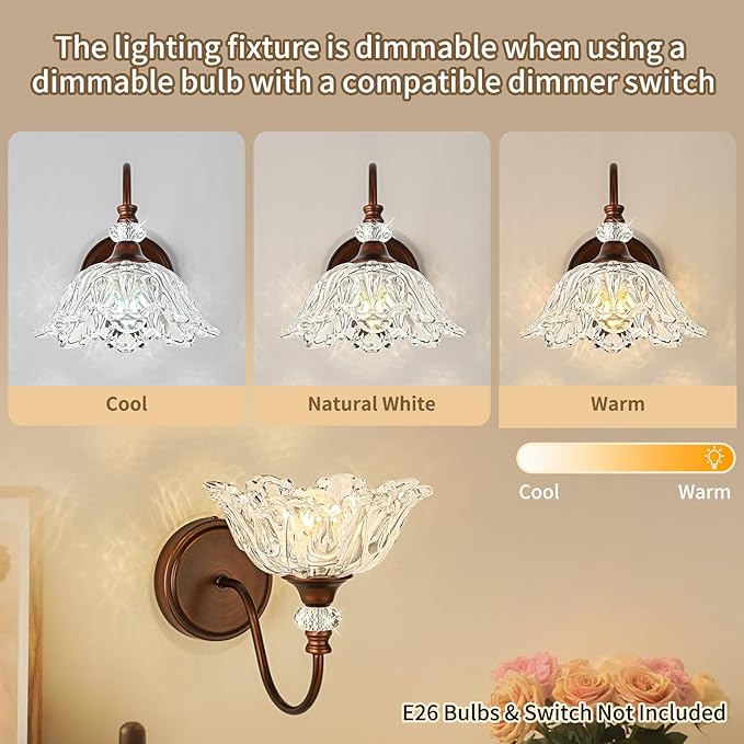 1-Piece Antique Red Bronze Vintage Wall Sconce with Floral Clear Glass Shade, Farmhouse Wall Mount Lighting for Bathroom,Vintage Bathroom Vanity Light Fixtures