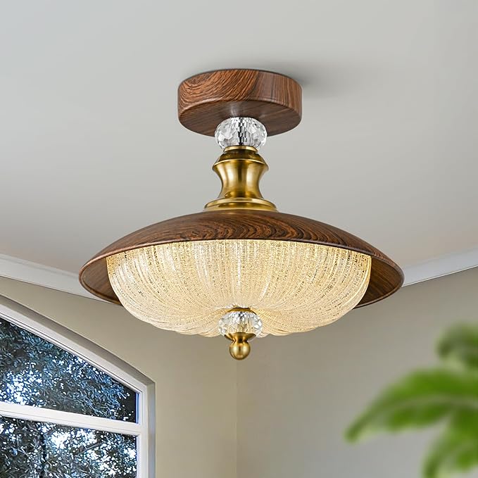 Vintage Crystal Semi-Flush Mount Ceiling Light, 5-Light Fixture, 11.8 Inch Close to Ceiling Lamp, Mid Century Suitable for Bedroom, Entryway, Hallway, Dining Room