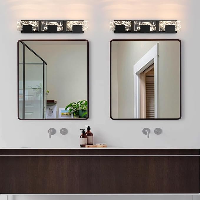 LED Bathroom Vanity Light: 24in Matte Black Acrylic Modern Lighting Fixtures - 3-Light Contemporary Smoke Design Wall Lights Fixture Over Mirror 3000K