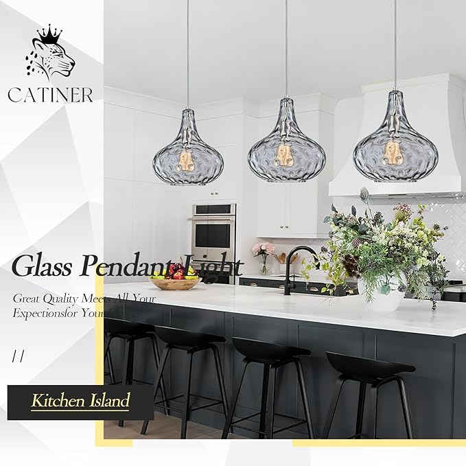 CATINER 11" Smoked Hammered Glass Pendant Light – Blown Glass Ceiling Fixture with Brushed Nickel Finish, Modern Industrial Lighting for Kitchen Island, Dining Room, Hallway, Living Room