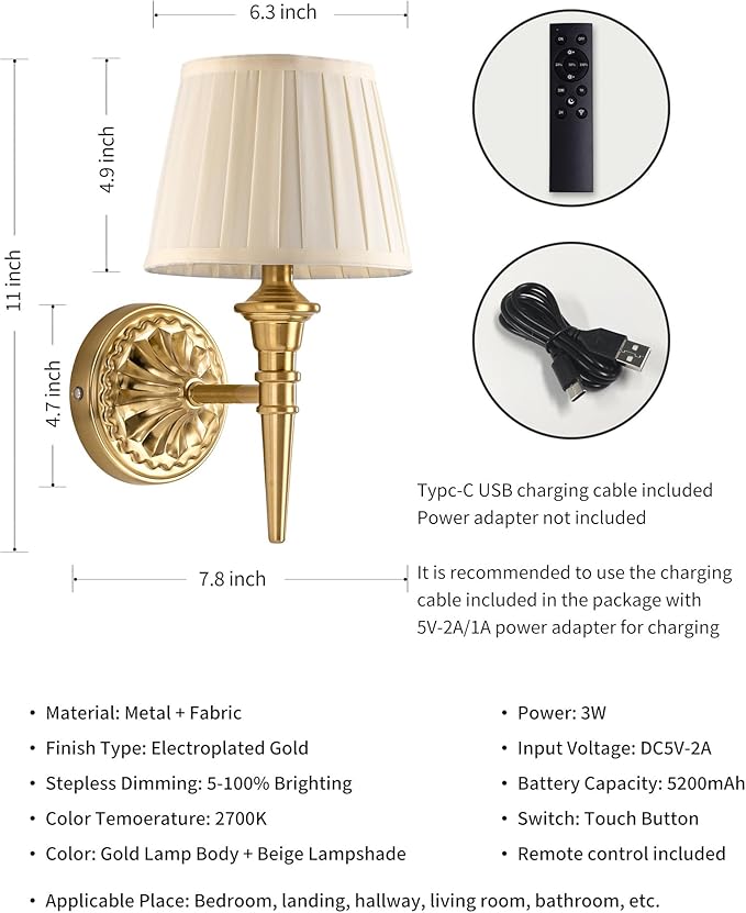 KDG Cordless Wall Sconces Set of 2, Small Wireless 5200mAh Rechargeable Battery Fabric LED Wall Lamps, Portables Lightings for Wall Painting, Living Room, Bedroom, Hallway, Gifts, Night Light (Gold)