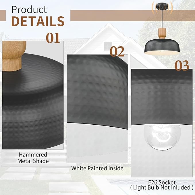Darkaway Dusk to Dawn Industrial Pendant Light Fixtures Ceiling Hanging with Hammered Metal Shade, Black Pendant Light for Outdoor Porch Lighting Hanging Lamp Adjustable Height