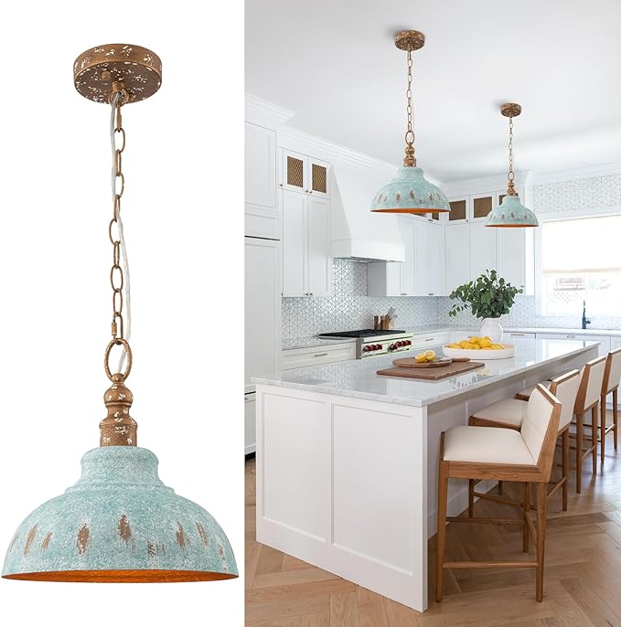 Kitchen Island Pendant Light, 11.3” Golden Pendant Lighting, Teal Farmhouse Pendant Light Fixture for Dining Room, Bar, Hallway, Foyer, Entryway, Bedroom, Adjustable Chain
