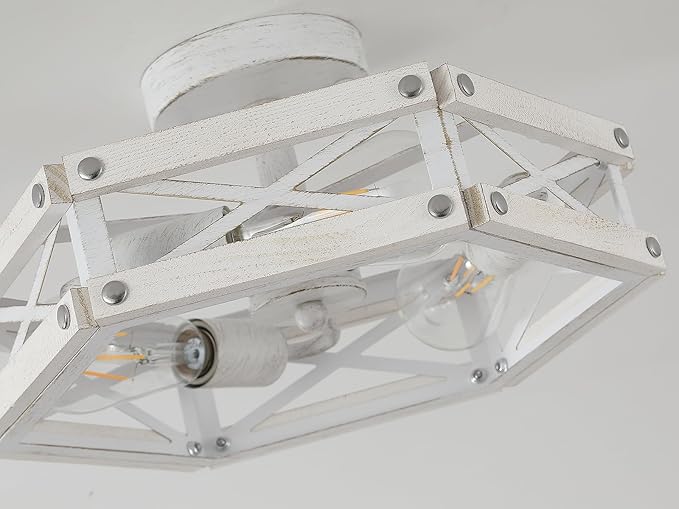 2 Pack 3-Light Modern Farmhouse Wood Flush Mount Ceiling Light Fixture Rustic Distressed Wood and Metal Cage Semi Flush Mount Ceiling Light for Hallway Entry Bedroom Farmhouse, Antique White