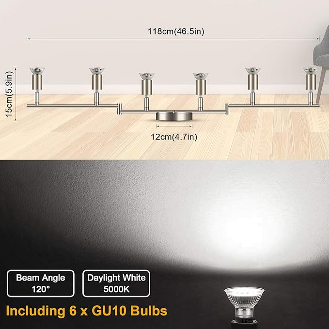 Ascher 6-Light LED Track Lighting Kit, Flexibly Rotatable Light Heads, 6 Way Ceiling Spotlight Matt Nickel Finish, Including 6 GU10 LED Bulbs (4W 400LM Daylight White 5000K)