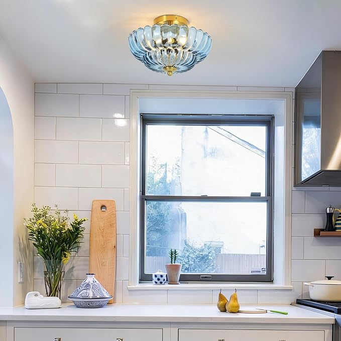 11.8 inch Kitchen Ceiling Light, 3-Light Semi Flush Mount Ceiling Lamp with Flower Glass, Modern Close to Ceiling Light Fixtures for Bathroom Bedroom Hallway Entryway, Blue