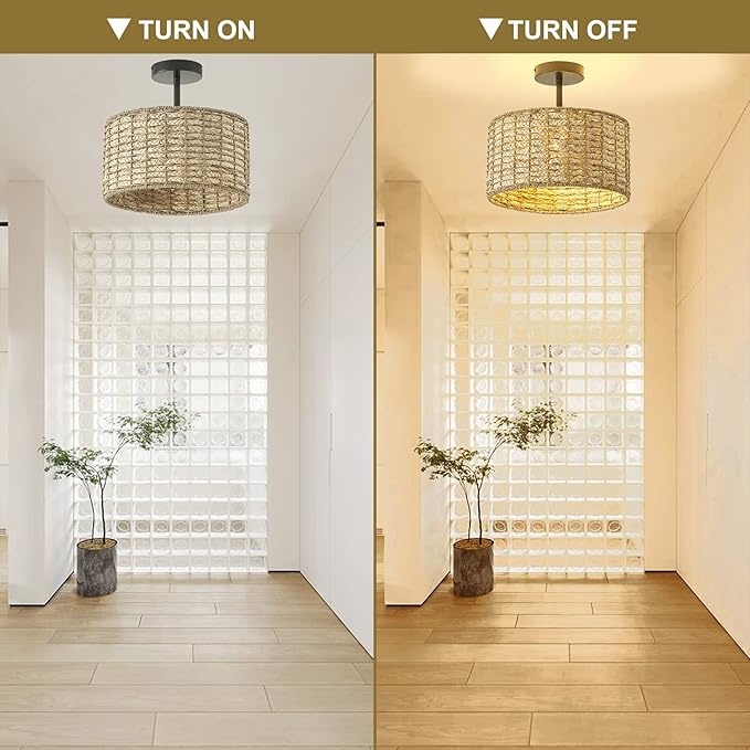 13"Rattan Ceiling Light Fixture Flush Mount, 2-Light Boho Rattan Hand-Woven Ceiling Light Fixtures Drum Wicker Chandelier Light Fixture for Dining Room Bedroom Living Room Hallway Foyer Kitchen