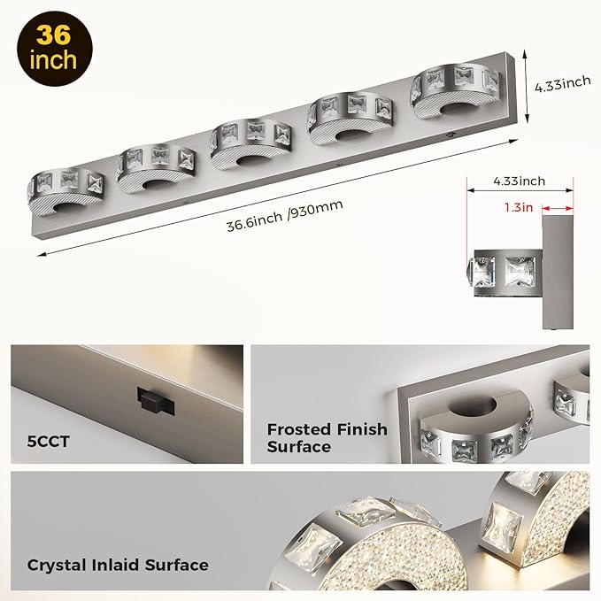 Modern Bathroom Vanity Lights 40W 36.6 inch Dimmable 5CCT Brushed Nickel Wall Lighting Light Fixtures for Bathroom Above Mirror(5-Light) Vanity Light, Living Room, Kitchen, Hallway
