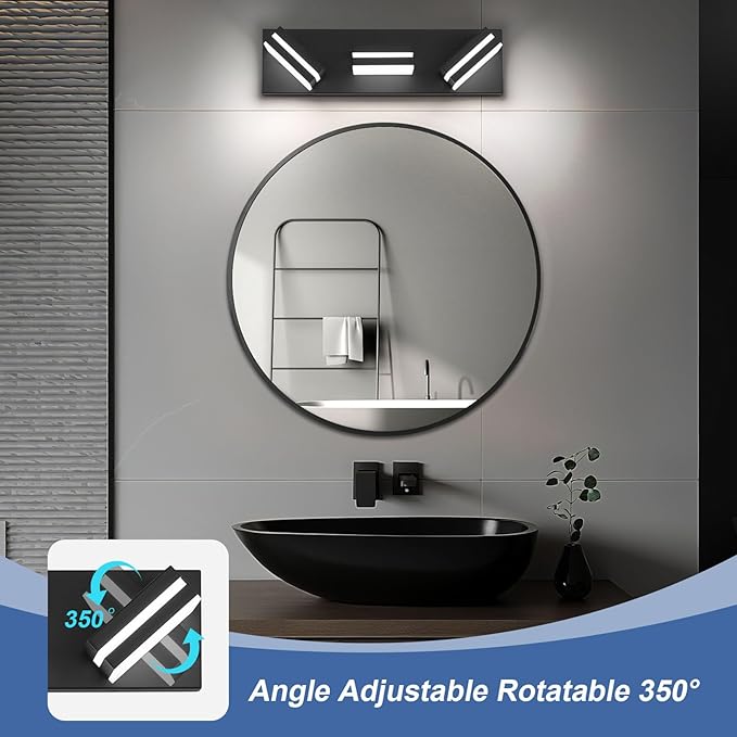 Modern LED Small Bathroom Lights Fixtures 3-Light,Metal Black Acrylic Wall Lighting,Vanity Lights for Bathroom Over Mirror 6000K 16in