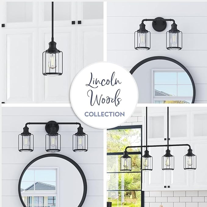 Prominence Home Lincoln Woods 4 Light Matte Black Industrial Kitchen Island, Pendant Light with Cage and Clear Glass - 51547-01