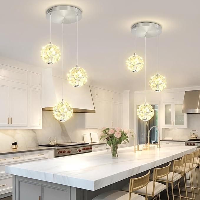 ykolupty Silver Dining Room Chandelier Light Fixture 3-Light Crystal Globe Pendant Lighting Modern Kitchen Island Cluster Hanging Pendant Lights LED Dimmable 2700-6000K