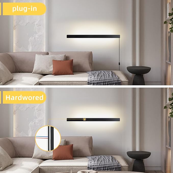KELUOLY Modern Plug in Wall Lights, 31.4 inch Frosted Black LED Long Wall Sconce, 16W Warm White 3000K Acrylic Indoor Wall lamp,with 59" Plug Cable for Bedroom, Living Room, Hallway