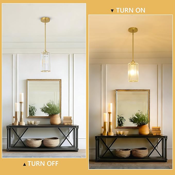 Crystal Pendant Lights, Modern Gold Pendant Lighting with Clear Glass Shade, Small Brass Chandelier Light Fixtures Ceiling Hanging for Dining Room Kitchen Island Bedroom Foyer Hallway