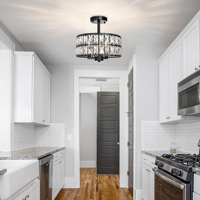 3-Light Round Crystal Ceiling Light Fixture Black Semi Flush Mount Chandelier, 12.6" Farmhouse Kitchen Ceiling Light Fixtures with Cylinder Drum Shade for Hallway Dining Room Bedroom