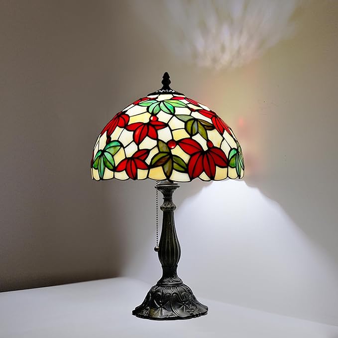 Tiffany Style Stained Glass Table Lamp, Maple Leaf Desk Light with Antique Bronze Resin Base, Multicolor Reading Lighting for Bedroom, Living Room, Office 12”X12“X19 (Maple-White)