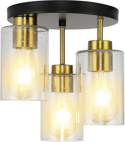 Black Flush Mount Ceiling Light Farmhouse Semi Flush Mount Ceiling Light Fixture with Seeded Glass Shades, 3-Light Black Gold Ceiling Light for Kitchen Hallway Foyer