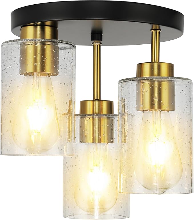 Black Flush Mount Ceiling Light Farmhouse Semi Flush Mount Ceiling Light Fixture with Seeded Glass Shades, 3-Light Black Gold Ceiling Light for Kitchen Hallway Foyer