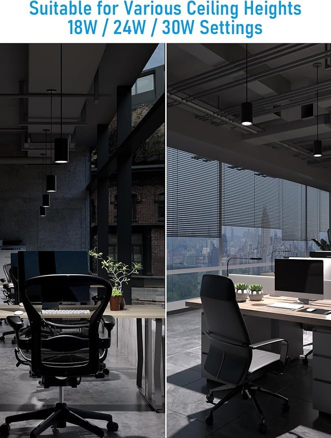 LEONLITE 5CCT 6 Inch LED Tube Architectural Pendant Downlight, Stem Mount & Surface Mount Available, 120-277V, CRI90 Dimmable Commercial Cylinder Pendant Light, 3-Wattage Selectable, Black, Pack of 2
