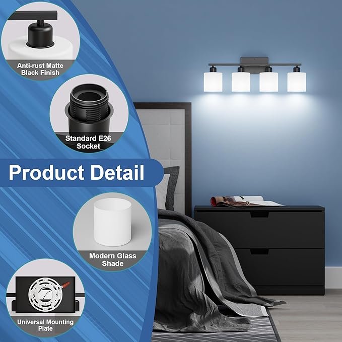 Black Vanity Lights for Bathroom, Anti-rust 4-Light Bathroom Light Fixtures Over Mirror, Modern 24Inches Wall Sconces, Eye-caring Milky White Glass Shades, Standard E26 Base, Bulbs Not Included