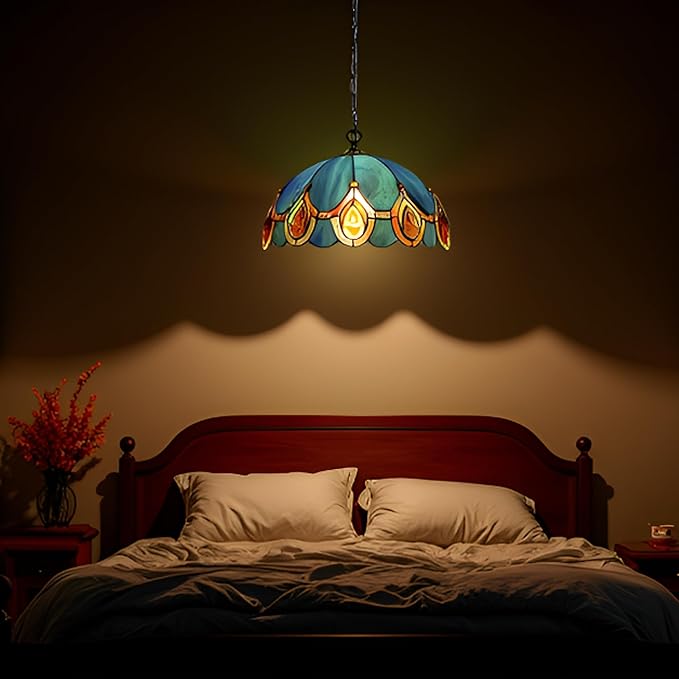 Tiffany Pendant Light Plug in Stained Glass Hanging lamp 12X12X181 Inch Hanging Lamp Living Room Bedroom Kitchen Dining Room Office（Peacock Crystal Style