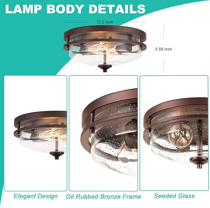 Edwarmlux Flush Mount Ceiling Lights, 2-Light Farmhouse Close to Ceiling Light, Industrial Ceiling Lighting Fixture for Kitchen Hallway Bedroom Living Room Stairways Porch (Oil Rubbed Bronze)