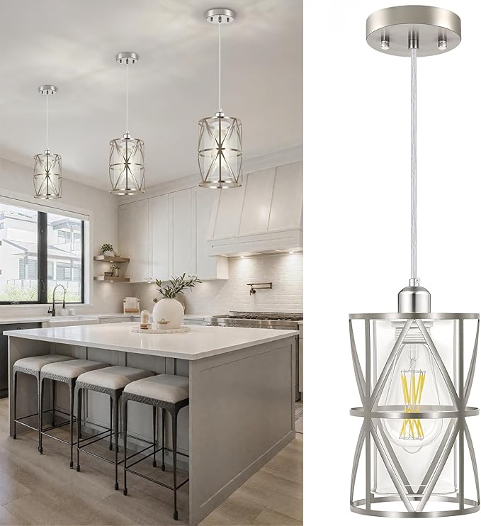 Pendant Lights Kitchen Island with Clear Glass, Brushed Nickel Pendant Lights, Cylindrical Modern Kitchen Light Fixtures, Pendant Light Over Island, Foyer, Dining Room, Entryway