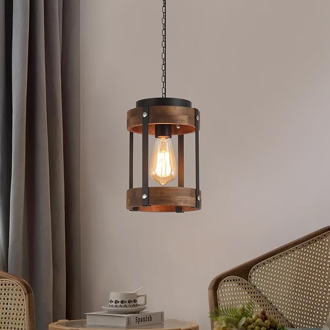 2 Pack Rustic Farmhouse Plug in Pendant Light Fixture with Adjustable Chain, Dimmable Switch, Oak Wood and Metal Drum Cage Mini Hanging Lamp for Kitchen Island Living Room Hallway Farmhouse, Black