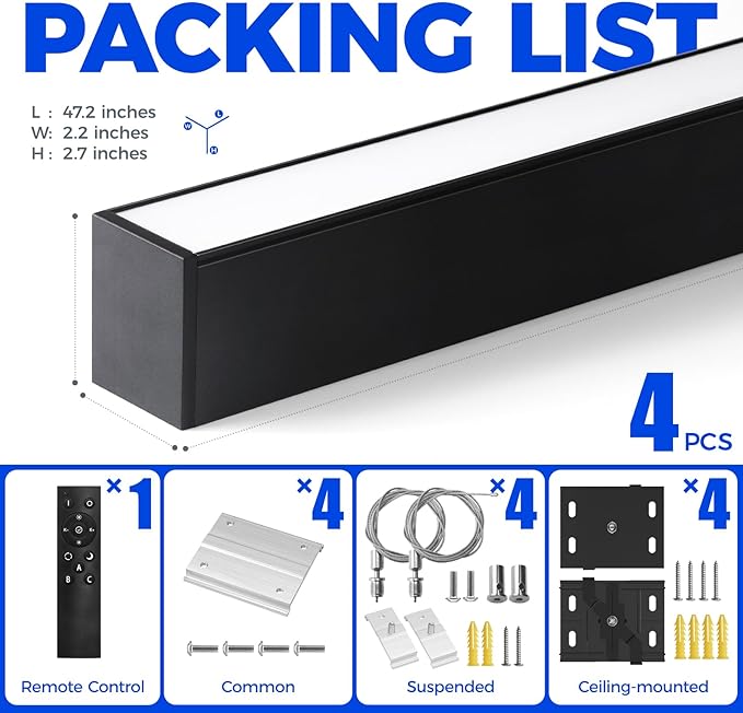 Barrina 5568 Remote Series LED Linear Light Fixture, 2nd-Generation, 4FT 45W Seamless Connection, 3000K-6000K Color Changing, Dimmable Office Shop Light with Remote, 5568 Series Black, 4 Packs
