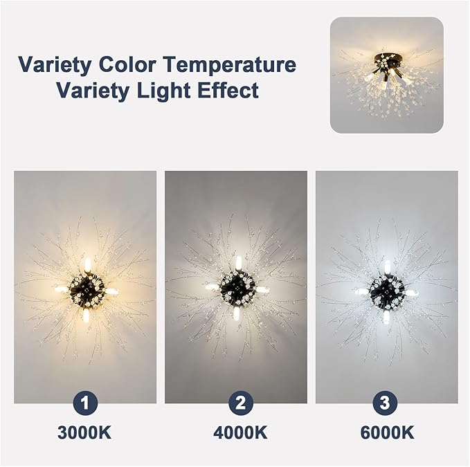 Modern Black Crystal Ceiling Light Fixture, 4-Light Mini Crystal Sputnik Firework Chandelier, Semi Flush Mount Ceiling Light Fixtures for Bedroom Kitchen Hallway Entryway Bathroom Closet(Matt Black)