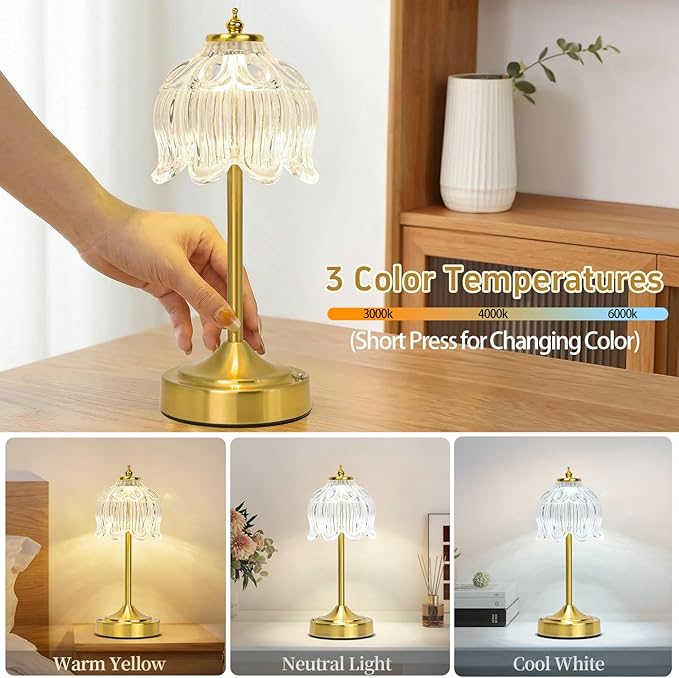 Cordless Lotus Flower Table Lamp, 5200mAh Rechargeable Battery Operated Portable Lamp, 3-Color Dimmable Touch Control Small Desk Lamp for Bedroom, Office, Kitchen, Nightstand,Room Decor (Flower Clear)