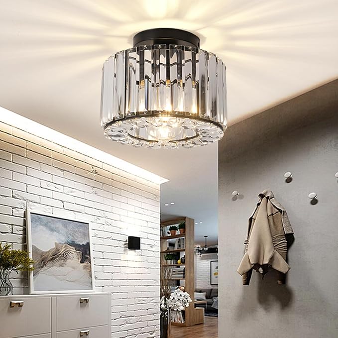 Black Crystal Semi Flush Mount Ceiling Light, Modern Chandelier, 9.06" Diameter, 7.28" Height, Bedroom, Dining Room, Kitchen