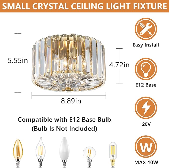 8.89" Small Crystal Ceiling Light, Modern Semi Flush Mount Ceiling Lighting Fixture, Gold Crystal Mini Chandelier for Hallway, Kitchen Entryway Laundry Room, 2-Light, XDD007-1-G