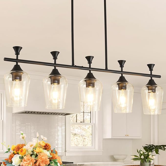 37" Dining Room Light Fixture/Chandelier Over Table, 5-Light Matte Black Kitchen Island Lighting with Clear Glass Shade, Modern Hanging Pendant Lights Fixture for Kitchen Island, Dining Room, Bar
