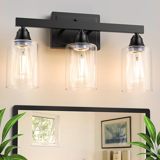 VOLISUN Matte Black Bathroom Light Fixtures, 3-Light Bathroom Vanity Light Over Mirror, Modern Vanity Lights for Bathrooms, Bathrooms Lights Fixtures Over Mirror with Clear Glass Shades