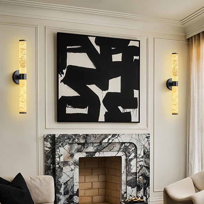 Alabaster Wall Sconces, 24" Black Wall Sconce, Cylinder Natural Spanish Marble Sconces Wall Lighting, Modern Dimmable Wall Lights for Living Room Bedroom Bathroom Hallway Stairs