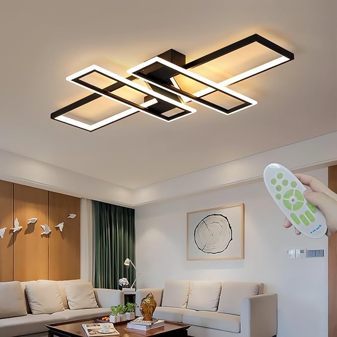 SMG Modern LED Ceiling Lights Fixture for Bedroom, 35" Remote Control Dimmable Led Chandelier, Flush Mount Square Design Ceiling Lamp for Kitchen Living Room Black