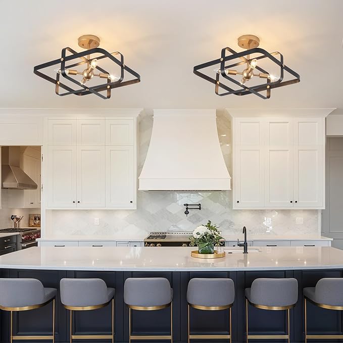 4-Lights Modern Semi Flush Mount Ceiling Light, Black and Gold Ceiling Light Fixture, Metal Industrial Geometric Chandelier Ceiling Lamp for Kitchen Bedroom Hallway Entryway Foyer Closet