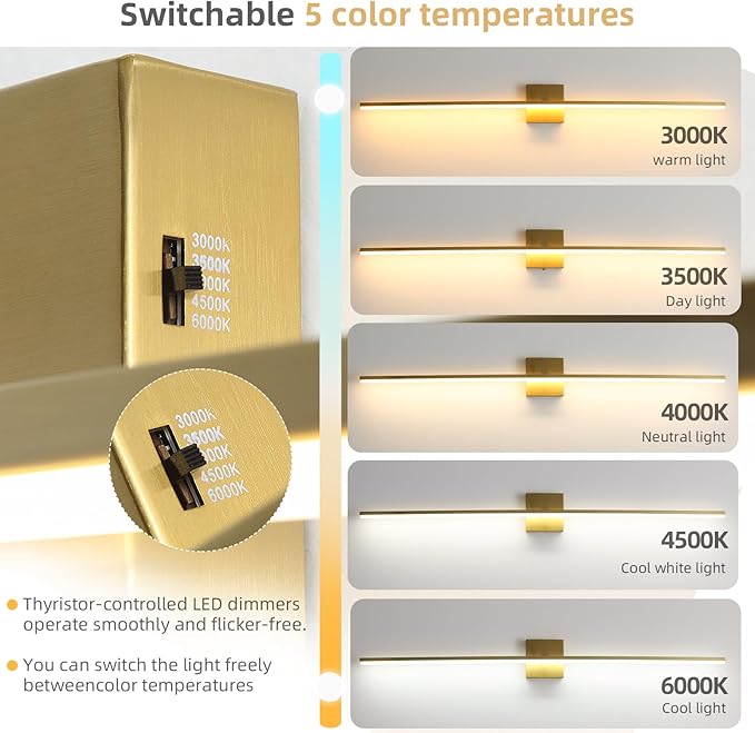 Brushed Gold Vanity Light 40 Inch Modern Bathroom Light Fixtures 23W Wall Vanity Lamp Over Mirror, Dimmable 5CCT LED Wall Sconce for Bedroom Cabinets UL Certificated